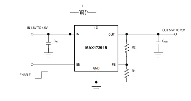 Application Circuit Diagram - Analog Devices / Maxim Integrated MAX17291B High-Voltage Micropower Boost Converter