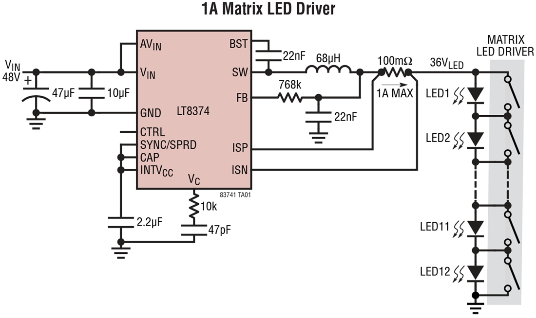 Application Circuit Diagram - Analog Devices Inc. LT8374 Synchronous Step-Down LED Drivers Application Circuit Diagram - Analog Devices Inc. LT8374 Synchronous Step-Down LED Drivers