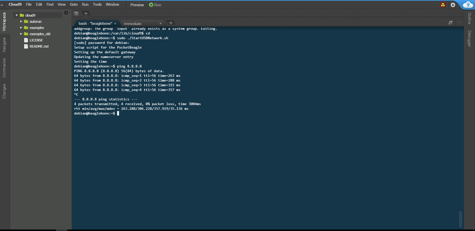 Cloud9 interface bash window.