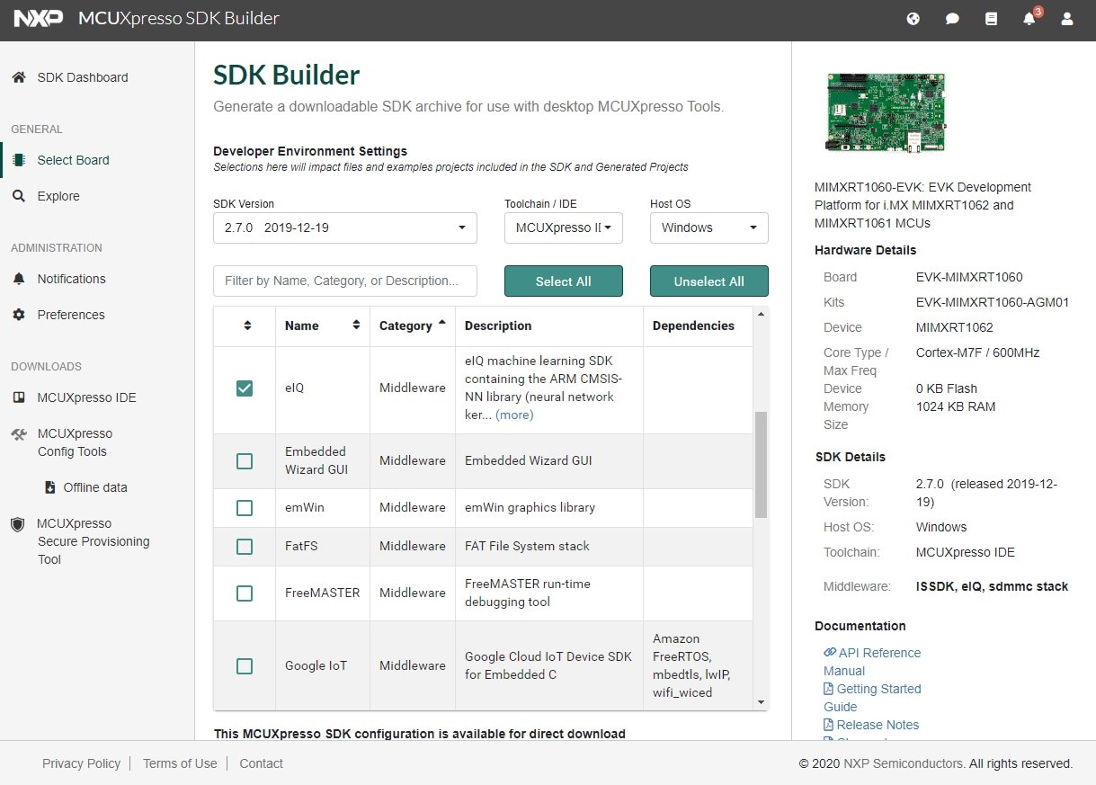 NXP Software Development Kit Builder Tool allow a developer to pick the libraries for their particular target board.